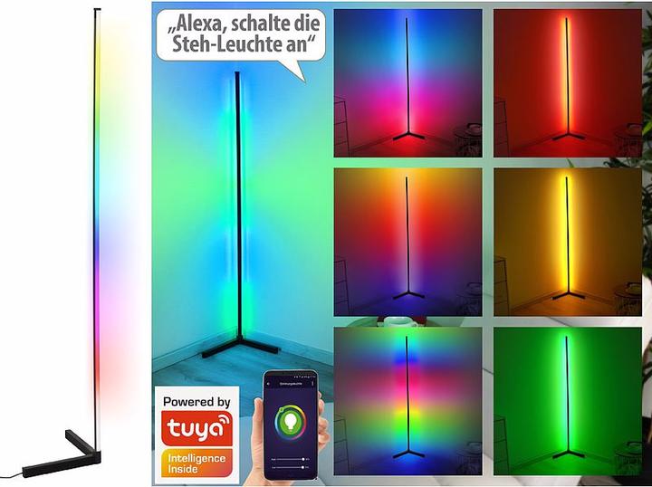 Produktbild Luminea WLAN-LED-Steh-/Eck-Leuchte mit App, 12 Watt, schwarz (750 lm)
