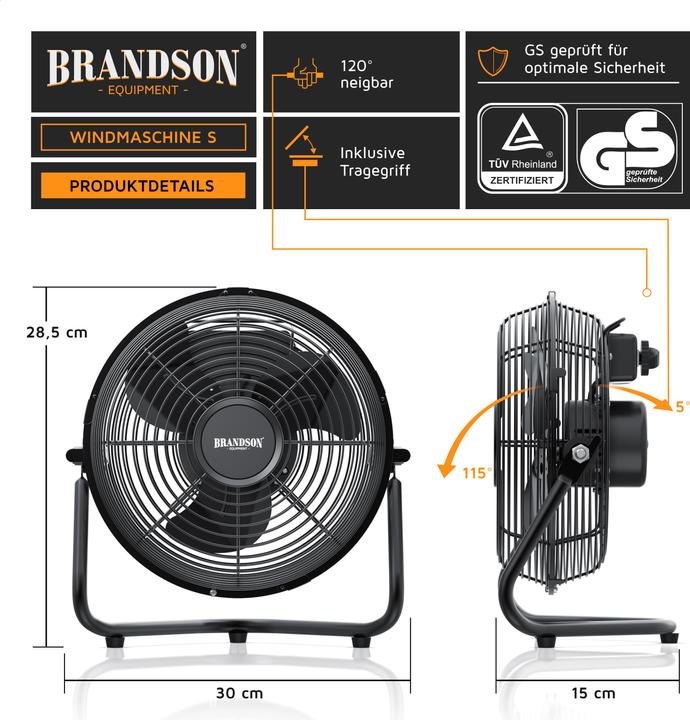 Immagine prodotto Brandson Macchina del vento 23,5 cm Ø, ventilatore da pavimento, metallo, testa del ventilatore inclinabile (55 dB)