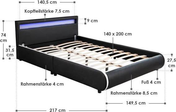 Actual product image Juskys Seville upholstered bed with LED (140 x 200)