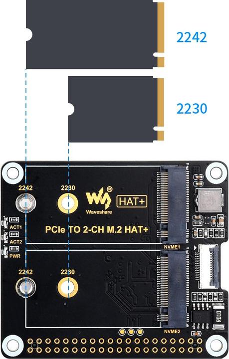 Image du produit WaveShare Adaptateur PCIe vers M.2 HAT+ double SSD pour Raspberry Pi 5