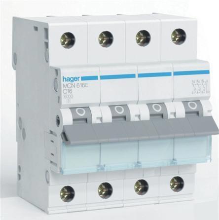 Hager Automatsikring C 16A, 3 polet + nul C-karakteristik 6kA kortslutningsbrydeevne 400V AC, 72 mm