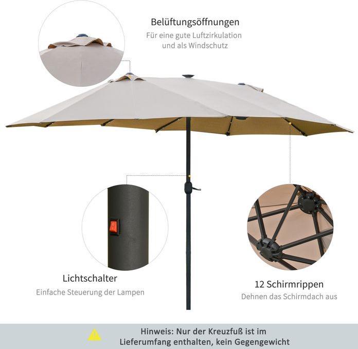 Immagine prodotto Swisshandel24 Ombrellone doppio, LED, manovella ovale in metallo kaki 440 x 260 cm (2.60 m)