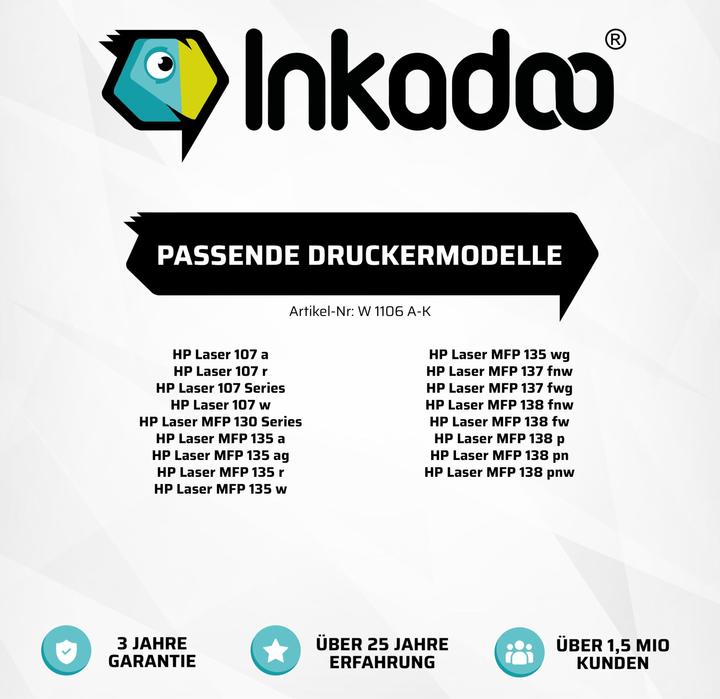 Image du produit Inkadoo Toner compatible de remplacement HP W1106A / 106A compatible avec HP Laser 107 Series Laser MFP 130 (CF)