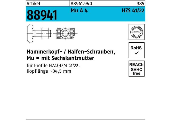 Actual product image Halfen Hammerhead screw R 88941 m.6-kantmutter x