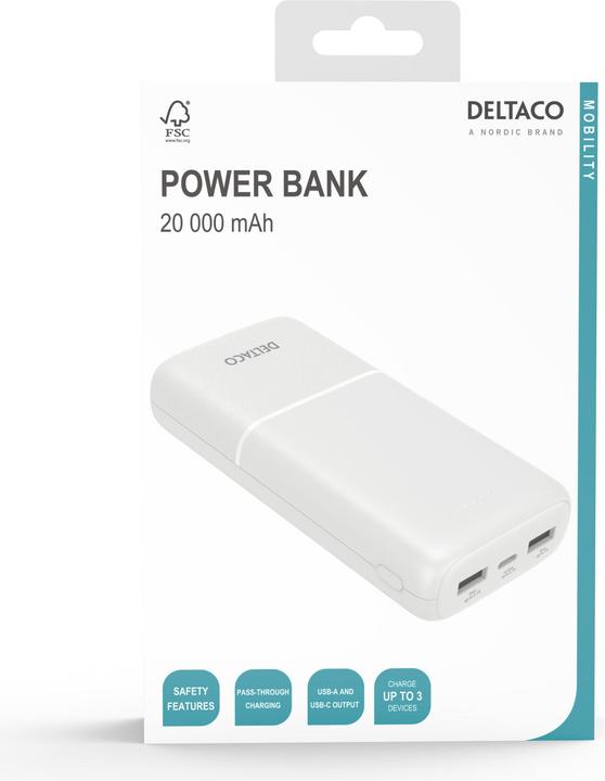 Actual product image Deltaco Powerbank 20,000 mAh, 2x USB-A, 1x USB-C - White (20000 mAh)