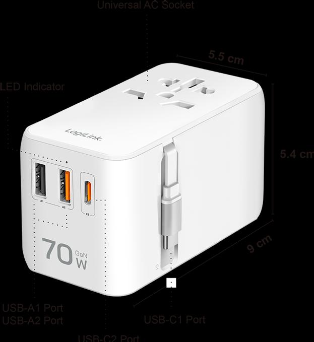 Produktbild LogiLink Universal-Reisenetzteil, 70 W (PD), 4x-Anschlüsse+Kabel, feuerfest, weiss