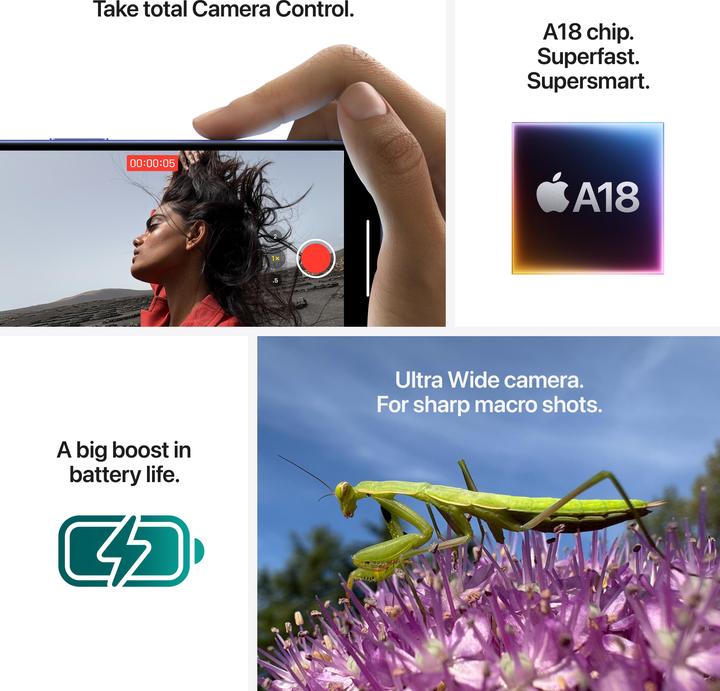 Produktbild Apple iPhone 16 (256 GB, Black, 6.10", SIM + eSIM, 48 Mpx, 5G)