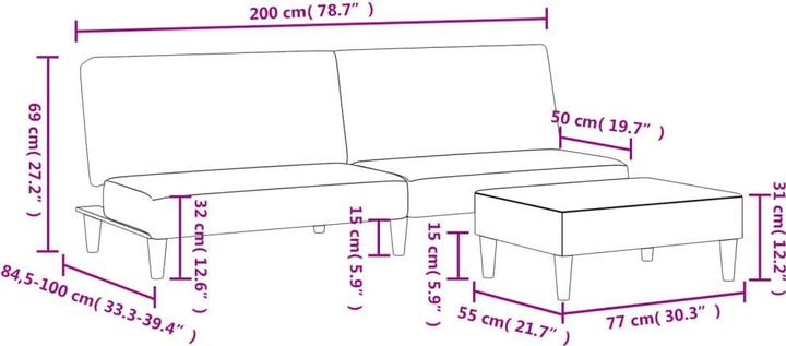 Produktbild VidaXL Schlafsofa 2 Sitzer mit Fusshocker Bettsofa Tagesbett Dunkelgrau Stoff (Bettsofa)