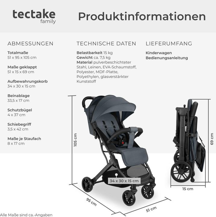 Image du produit tectake Poussette Buggy Finn, pliable, harnais à 5 points