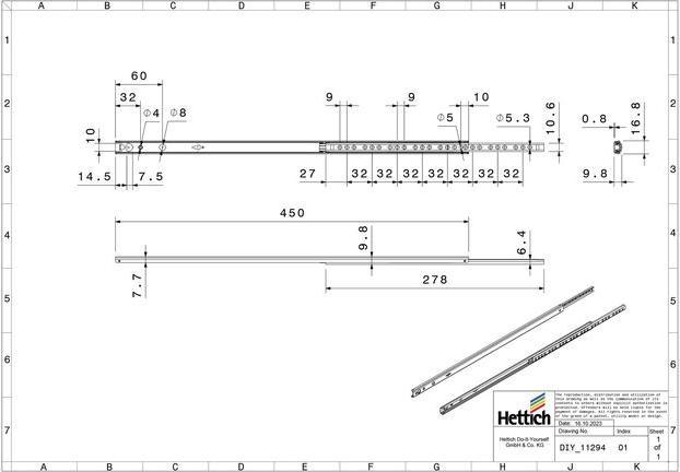 Immagine prodotto Hettich Schubladenschiene Teilauszug 450 mm verzinkt 9136699 2 Stück