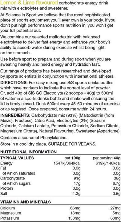 Valori nutrizionali e ingredienti SIS Bevanda elettrolitica GO (1 Pezzo/i, Polvere, 500 g)