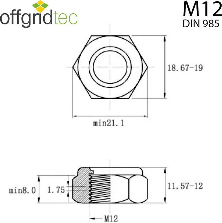Produktbild Offgridtec Selbstsichernde Muttern M12 Edelstahl V2A 304 DIN 985 25 Stk. (M12)