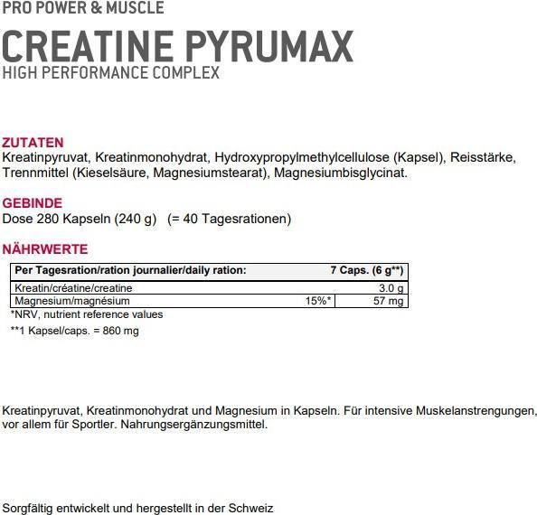 Nutritional values and ingredients Sponser creatine pyrumax (280 Piece, Capsules, 240 g)
