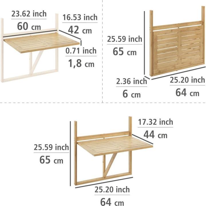 Produktbild Wenko Bambus Balkon-Klapptisch Mod. Waikiki zum Einhängen an Balkongeländer (64 cm)