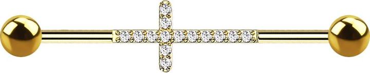 Produktbild Star Piercing Barbell vergoldet mit zwei Kugeln Kreuz mit Kristallen silber (ohne Messing, Titan G23)