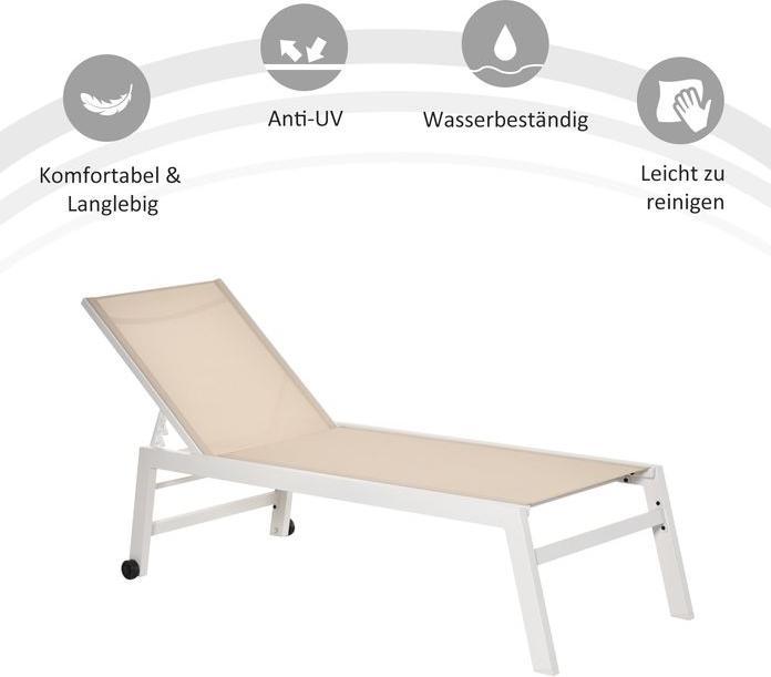 Image du produit Swisshandel24 Bain de soleil, chaise longue de jardin, dossier à 5 niveaux, aluminium, blanc crème, 169 x 65 x (169 cm)