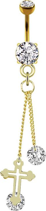 Produktbild Star Piercing Banane 14k vergoldet mit zwei Kugeln Kristall silber Anhänger Kreuz und Kette mit Kristall (ohne Messing, Chirurgenstahl 316L)