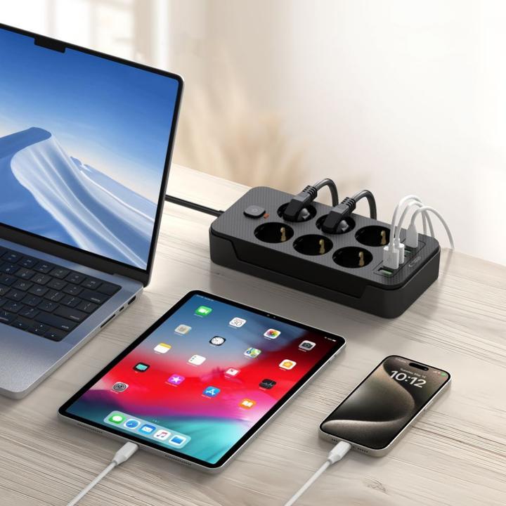 Produktbild Tech-Protect PC6X6 Power Strip 6 Sockets 240V + 3xUSB-A + 3xUSB-C 200cm - Black (6 x, USB-A, USB-C, 2 m)
