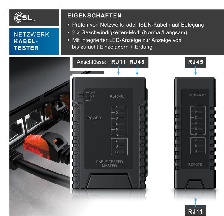 Produktbild CSL Netzwerk Kabeltester für RJ45 RJ11-Kabel - Patchkabel Leitungstester - LAN Network Cable Tester