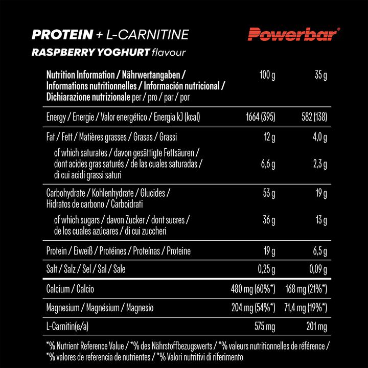 Valeurs nutritives et ingrédients Powerbar ProteinPlus L-Carnitine - Framboise (Raspberry Yoghurt, 30 pcs, 1050 g)