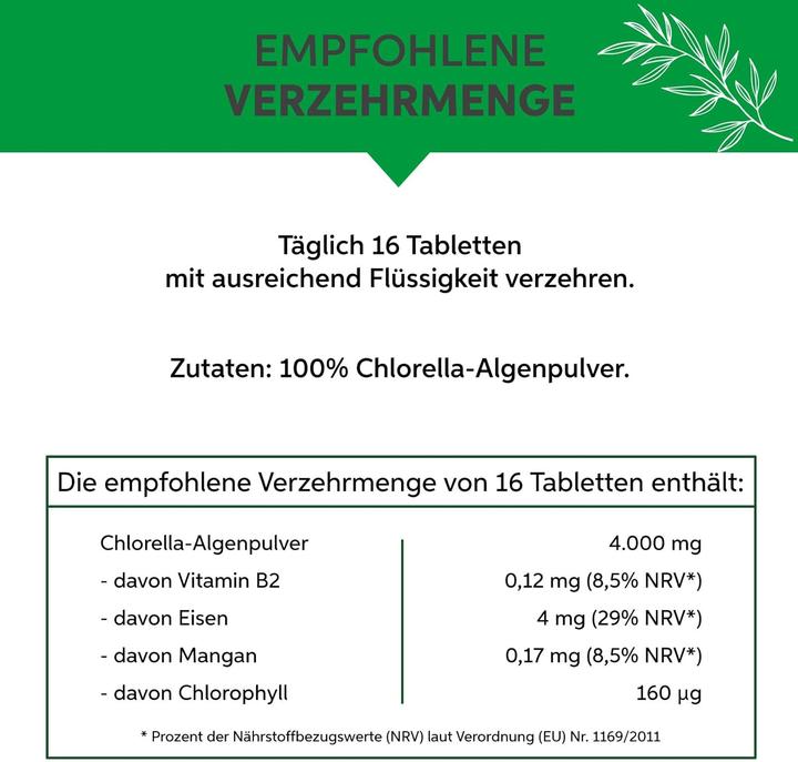 Nährwerte und Zutaten Eltabia Bio Green Trio Presslinge | mit 1/3 Chlorella Spirulina Gerstengras (500 Stück, Tabletten)