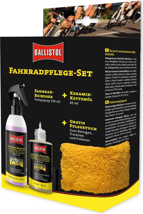 Produktbild Ballistol Fahrradpflege-Set, BikeCer 65 ml + BikeClean 150 ml + Mikrofasertuch, 30 x 30 cm (65 ml, Fahrradreiniger)