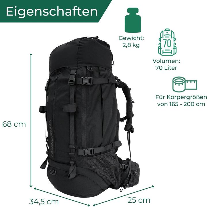 Image du produit Steinwood Trekkingrucksack 70L, Wanderrucksack, wasserabweisend mit Regenhülle (70 l)