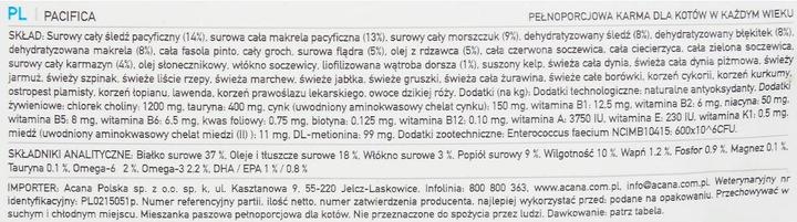 Valori nutrizionali e ingredienti Acana Pacifica Cat cibo secco per gatti 1,8 kg (Adulto, 1 pz., 1800 g)