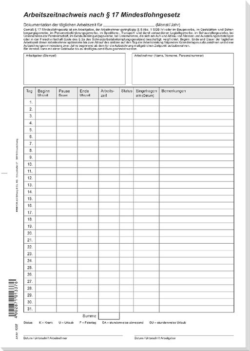 Rnk Arbeitszeitnachweis nach Mindestlohngesetz Format: DIN A4 Block mit: 24 Blatt (24 x)