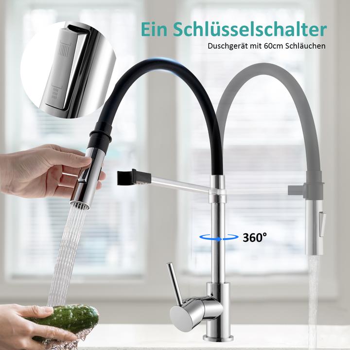 Immagine prodotto Emke Rubinetto da cucina con tubo in silicone da 60 cm, 2 modalità di spruzzo, girevole a 360°, cromo