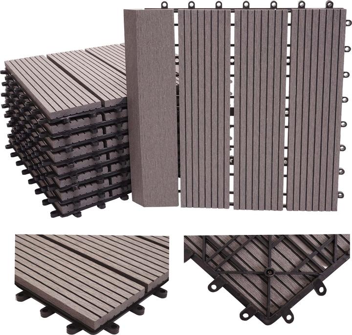 Actual product image Swisshandel24 WPC floor tile Rhone + border, wood look balcony/terrace, 11x each 30x30cm = 1sqm Premium grey li (11 x, 30 x 30 cm)