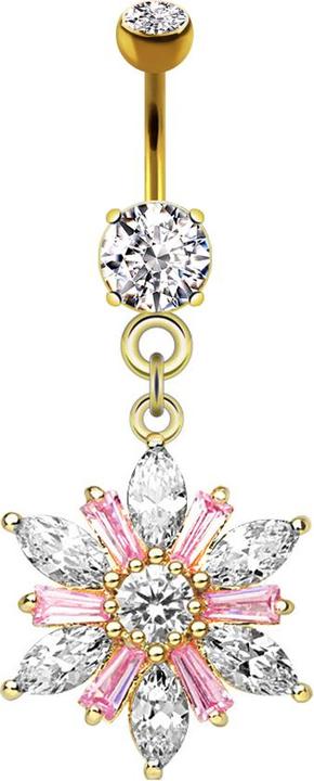Produktbild Star Piercing Banane 14k vergoldet mit Anhänger Blumenkristall pink (Messing, Chirurgenstahl 316L)