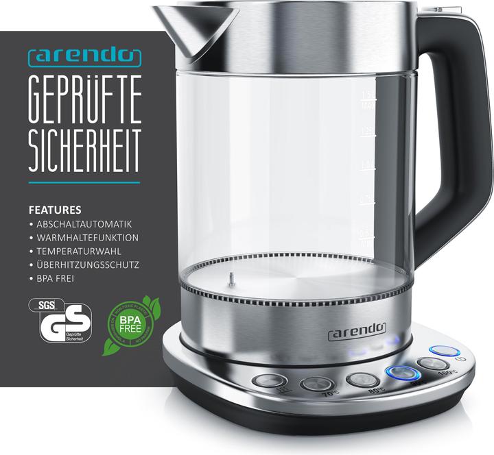 Actual product image Arendo Kettle 1.5 l, 2200 W, stainless steel & glass with base station, temperature setting 70° C - 100° C (1.50 l)
