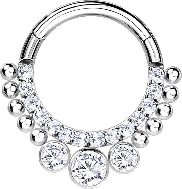Produktbild Star Piercing Micro Segmentring klappbar silber front Kristalle mit Kugeln und drei grosse Kristallen (Titan G23, ohne Messing)