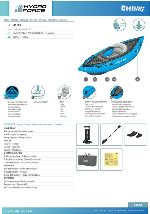 Image du produit Bestway Hydro-Force™ Kit kayak gonflable Cove Champion™ 1 place 2,75 m (275 cm, 1 pers.)