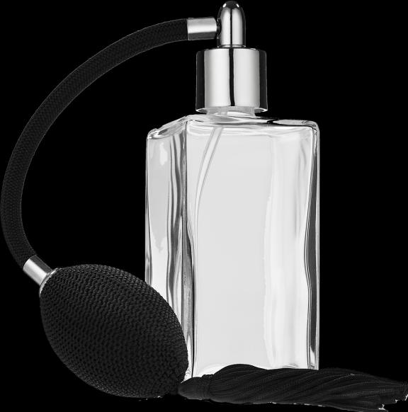 Klarglas-Flasche,eckig, mit Ballpumpe silber/schwarz, für 100 ml (100 ml)