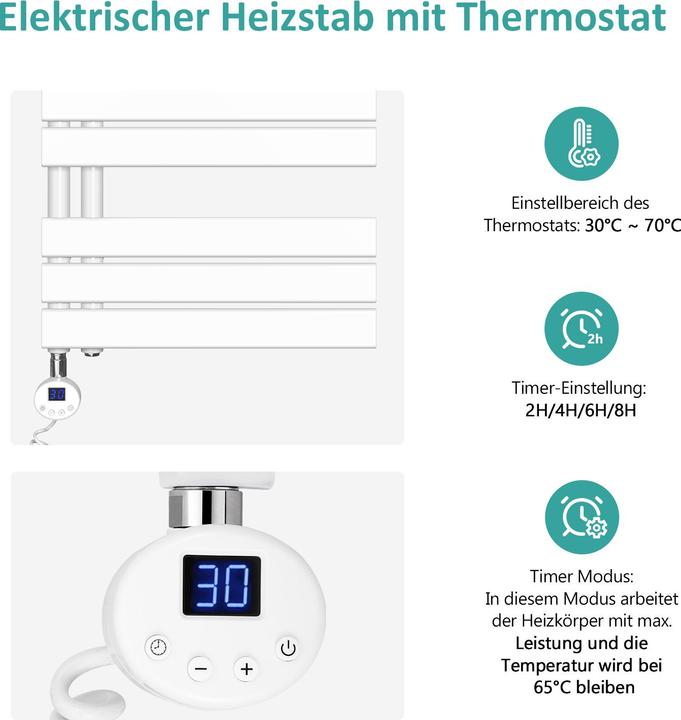 Produktbild Emke Elektrischer Handtuchwärmer mit Heizstab und Timer, Weiss 1041x600mm 600W (600 W)