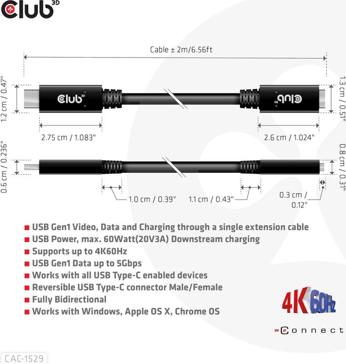 Produktbild Club 3D USB C — USB C (1 m, USB 3.0)