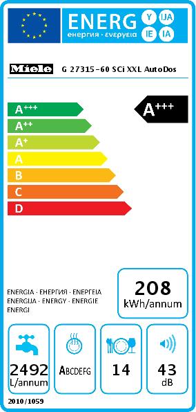 Energie-Label Miele G 27315-60 SCi BW XXL AutoDos