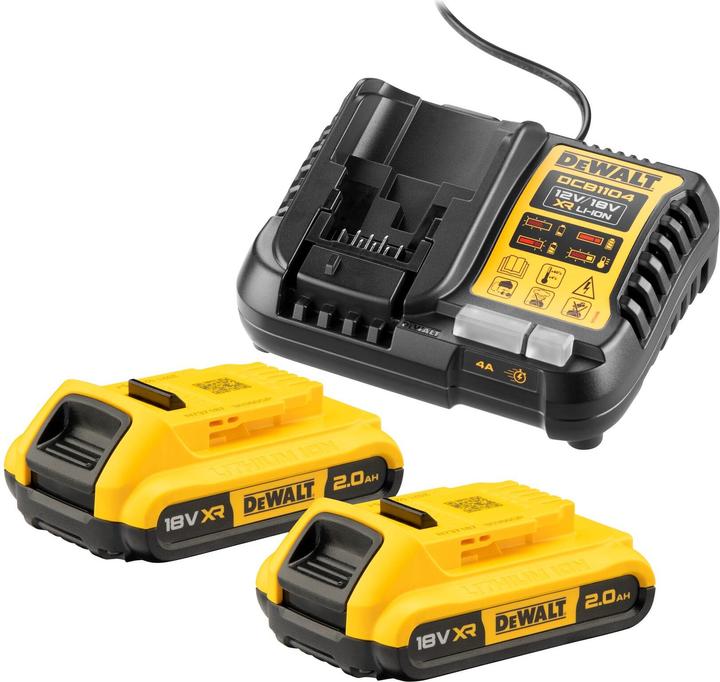 2 x Li-Ion Akkupacks DeWalt 18 V, 2.0 Ah, 1 x Ladegerät DeWalt DCB1104