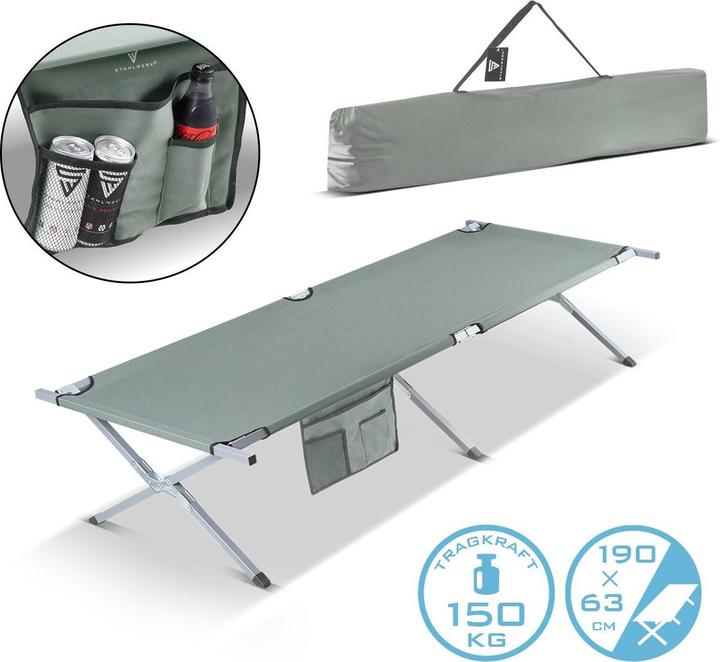 Image du produit Stahlwerk Chaise longue de camping 150 kg 190x63 cm Lit de camp Lit pliant de camping