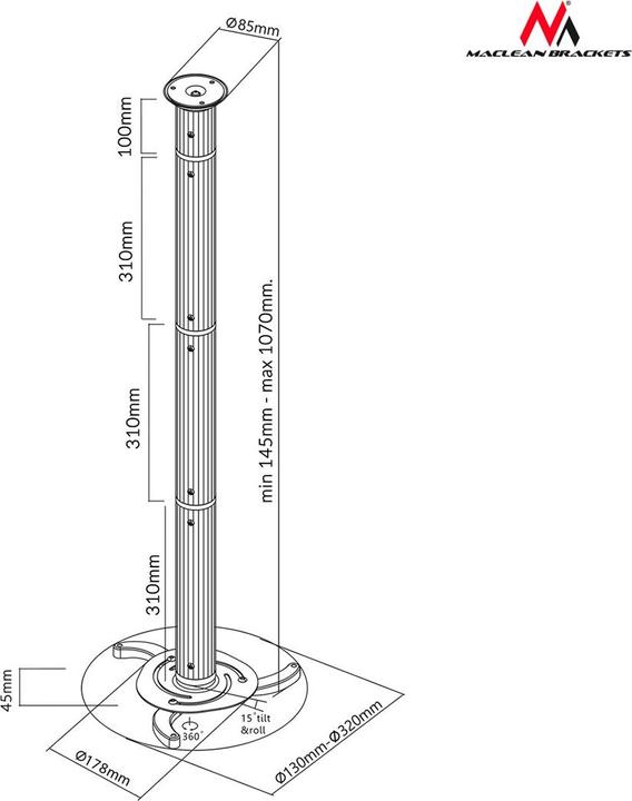 Produktbild Maclean MC-517 MC-517 Universal Ceiling Projektorius Screen Mount Bracket Adjustable Tilt (Decke)