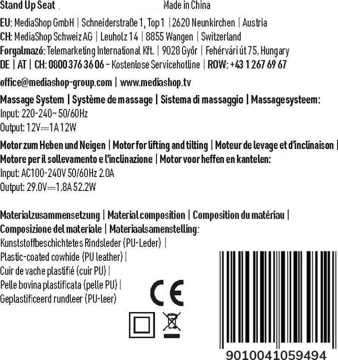Nutritional values and ingredients MediaShop Stand Up Seat