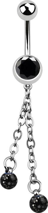 Image du produit Star Piercing Banane argentée avec chaîne et deux boules de cristal noir (sans laiton, Acier chirurgical 316L)