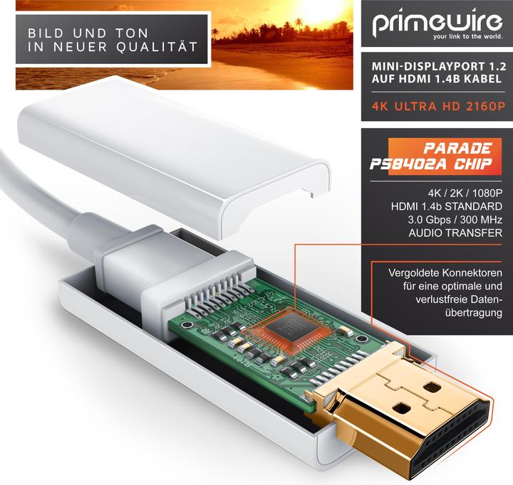 Produktbild Primewire 4k Mini Displayport 1.2 auf HDMI Kabel | Thunderbolt 1- und Thunderbolt 2 Ports | 4K Ultra HD 2160p (1 m, DisplayPort, HDMI)