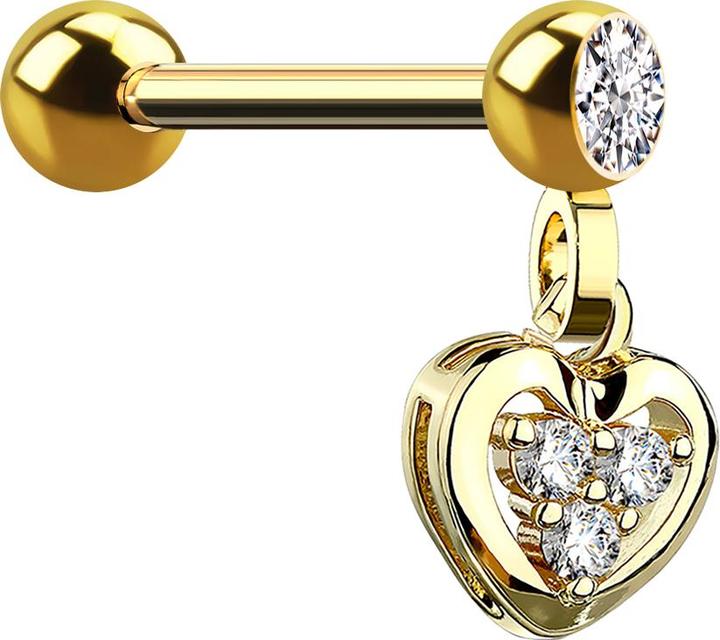 Produktbild Star Piercing Micro Barbell 14k vergoldet mit Anhänger Herz und Kristall (Messing, Chirurgenstahl 316L)