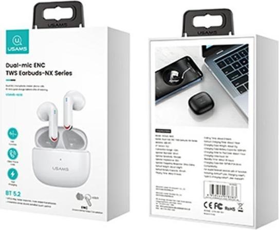Actual product image Usams Słuchawki Bluetooth 5.2 TWS NX10 Series Dual mic bezprzewodowe biały/white BHUNX02 (ANC, 5 h, Wireless)