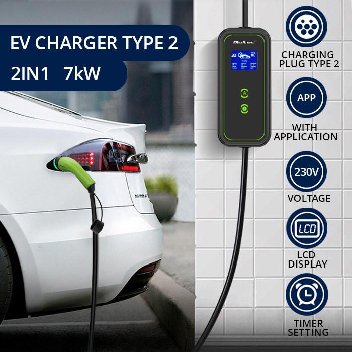 Immagine prodotto Qoltec Caricabatterie mobile per veicoli elettrici con 2in1 regolabile (Tipo 2, 32 A)