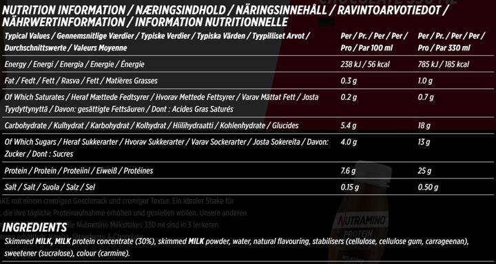 Nährwerte und Zutaten Nutramino Nutra-Go Milkshake (Chocolate, 12 Stk., 3.96 g)