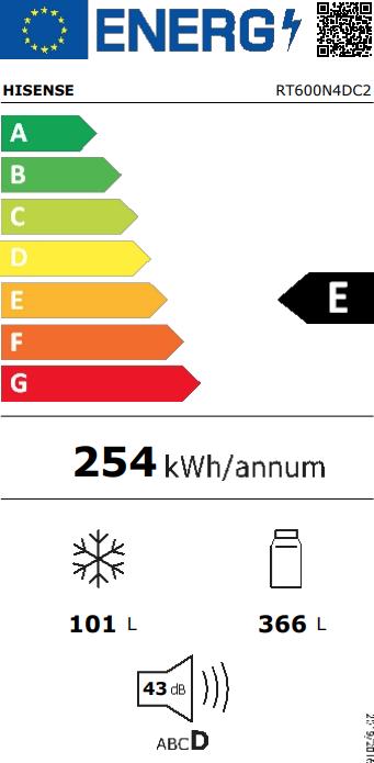 Energy Label Hisense RT600N4DC2 Fridge Freezer Free Installation 467 L E Stainless Steel (467 l)